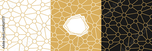 Vector seamless geometry wire pattern, triangle and ring mosaic in gold, black and white colors. Geometric background for fabric, scrapbooking, wallpaper, wrapping.