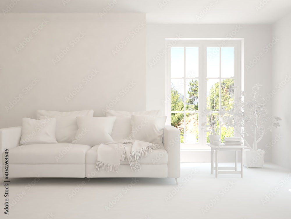 White living room with sofa and summer landscape in window. Scandinavian interior design. 3D illustration White living room with sofa and summer landscape in window. Scandinavian interior design. 3D illustration