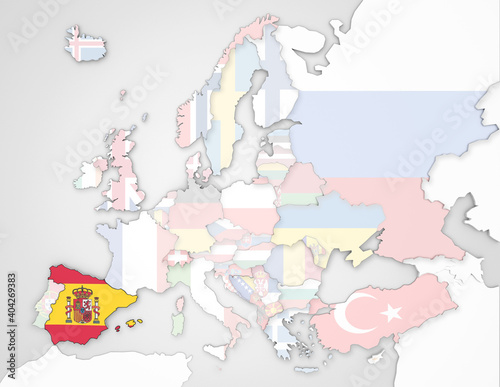 3D Europakarte auf der Spanien hervorgehoben wird und die restlichen Flaggen transparent sind