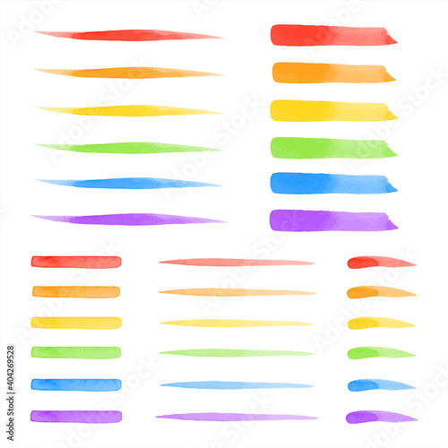 Set, collection of vector colorful watercolor brush strokes, lines, stripes. Rainbow, lgbt colors. Watercolour smears, fusiform smudges, rectangle brushstrokes. Hand drawn text background, decoration.