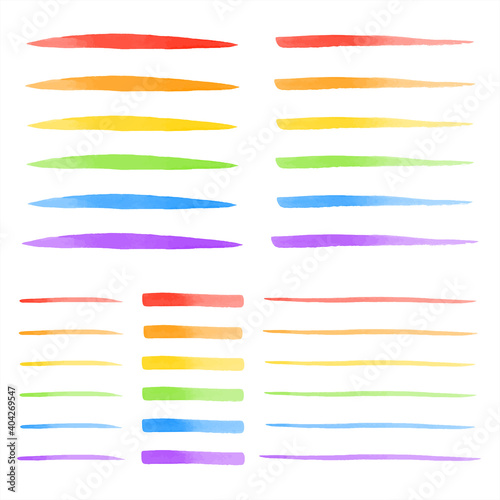 Set, collection of vector colorful watercolor brush strokes, doodle lines, thin stripes, artistic streaks. Rainbow, lgbt colors. Watercolour smears, smudges, brushstrokes. Hand drawn text background.