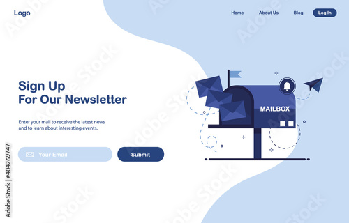 Vector banner illustration of email marketing. Subscription to newsletter, news, offers, promotions. Mailbox with letters. Buttons template. Subscribe, submit. Send by mail. Blue and White. Eps 10