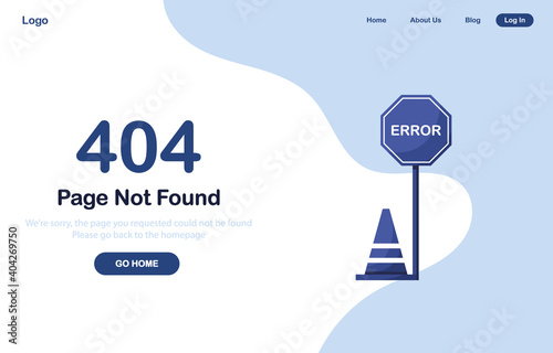 Vector illustration 404 error page not found banner. Web template with cone and stop sign. System error, broken page. For website. Blue. Eps 10