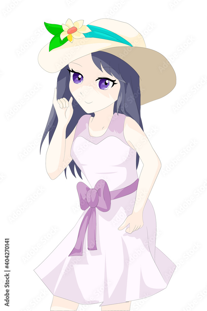 Girl purple eyes and hair with pink ribbon, pink dress, yellow hat with flowersun on her hat