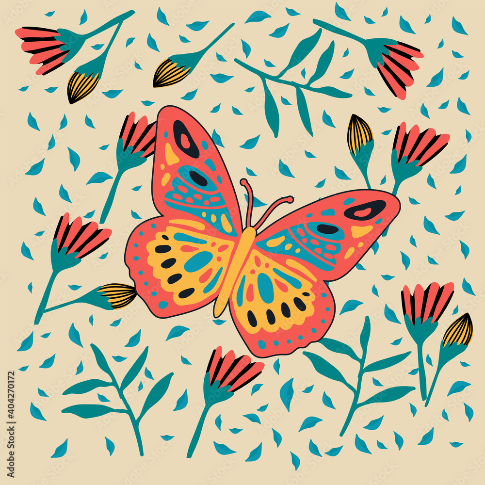 Illustration of a bright butterfly. Cute moth in the tropics of the forest. Postcard soaring, multicolored, winged, whiskered, pollinating flowers, moth, silkworm, mol, cutworm, dragonfly. Vector