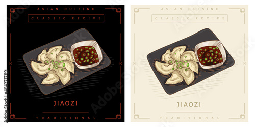 Jiaozi asian dumplings on black plate with soya sauce