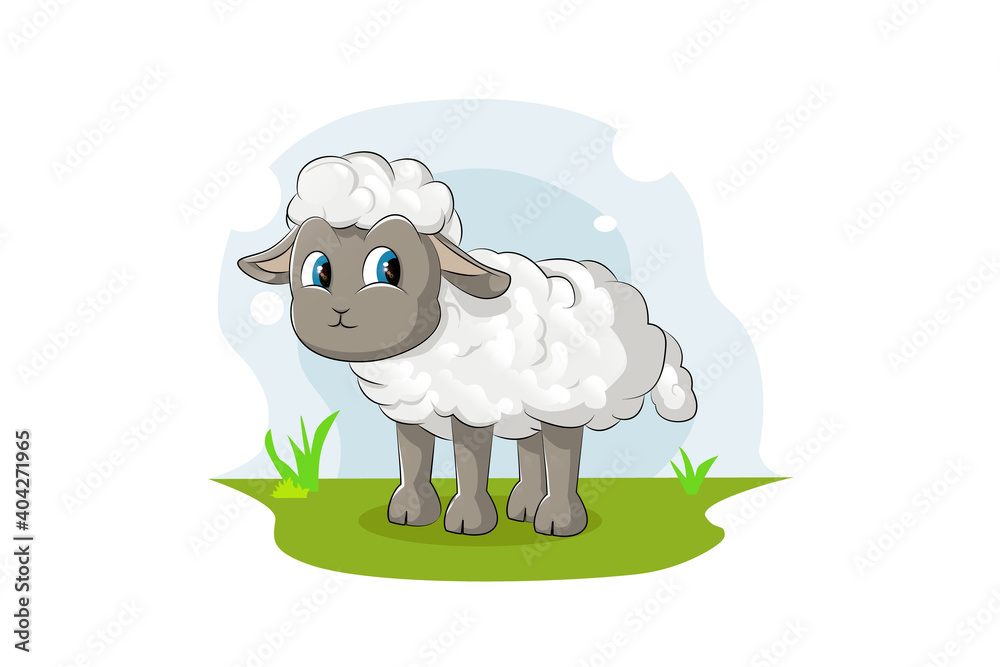 Obraz premium A little cute baby sheep on grass land and sky blue bckground, design animal cartoon vector illustration