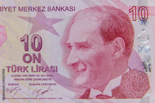 Macro shot of the ten turkish lira banknote
