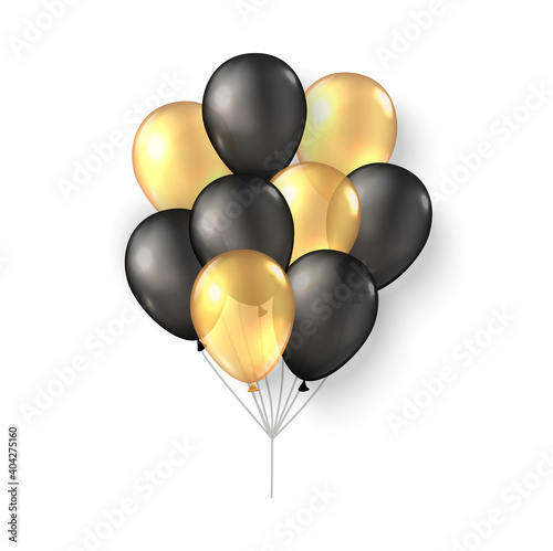 Gold black balloons. 3d realistic happy holidays flying air helium ballon mock up. Black friday new year birthday party poster card design