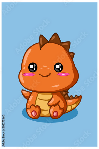 Illustration of small and cute orange dinosaur with blue background