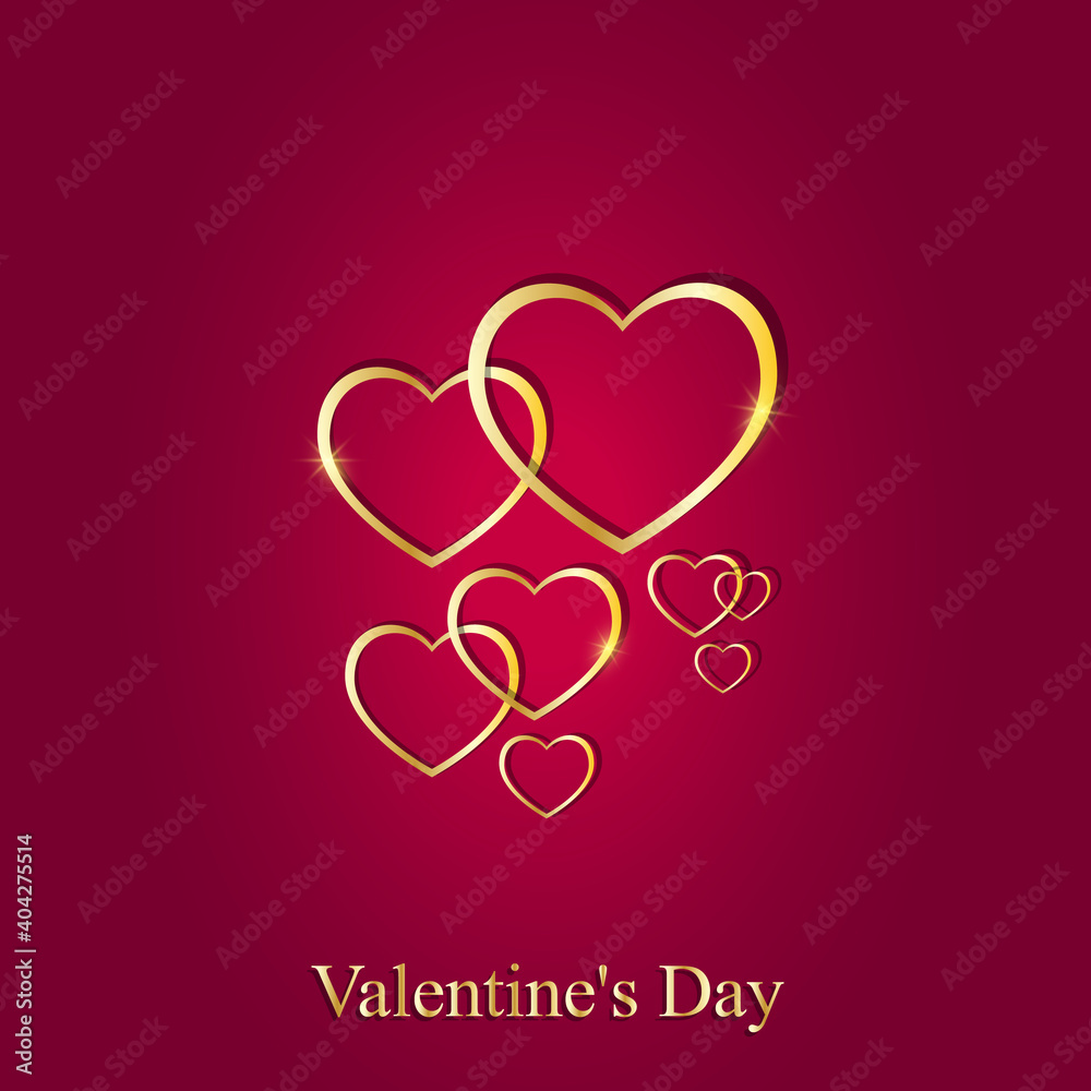 Happy Valentine's Day vector illustration. Gold hearts on a red-crimson background.