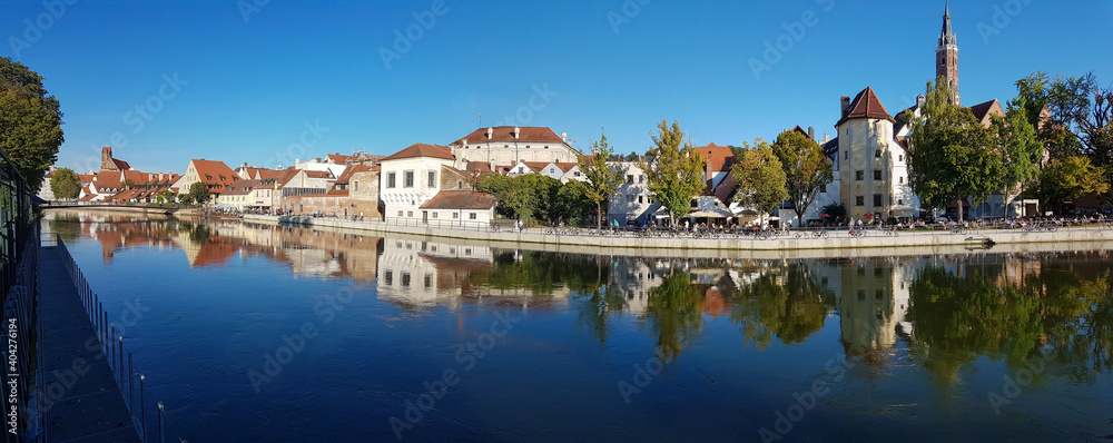 view over isar river to the old town of Landshut, upper bavaria