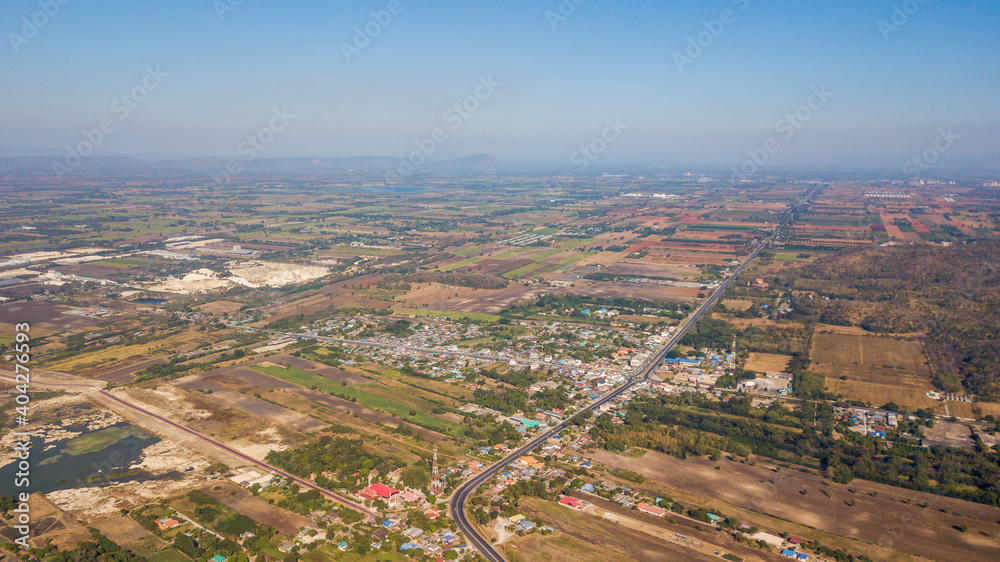 Aerial view of countryside with community at Lop Buri, Thailand. Landuse planning .