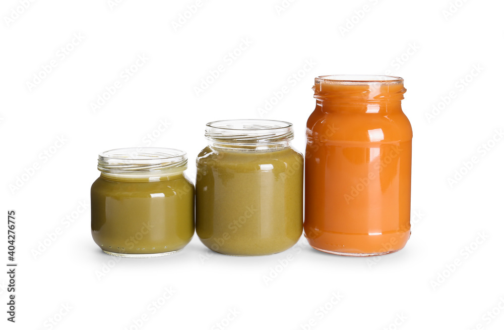 Jars with healthy baby food on white background Jars with healthy baby food on white background