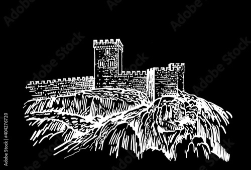 Graphical Genoese Fortress isolated on black background, Sudak,Crimea