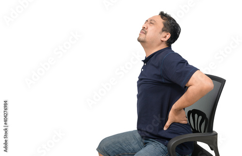 Middle aged man suffering from backache isolated on white background,