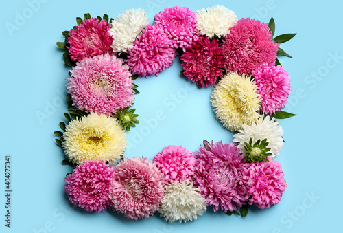 Frame of beautiful asters on light blue background, flat lay. Autumn flowers © New Africa