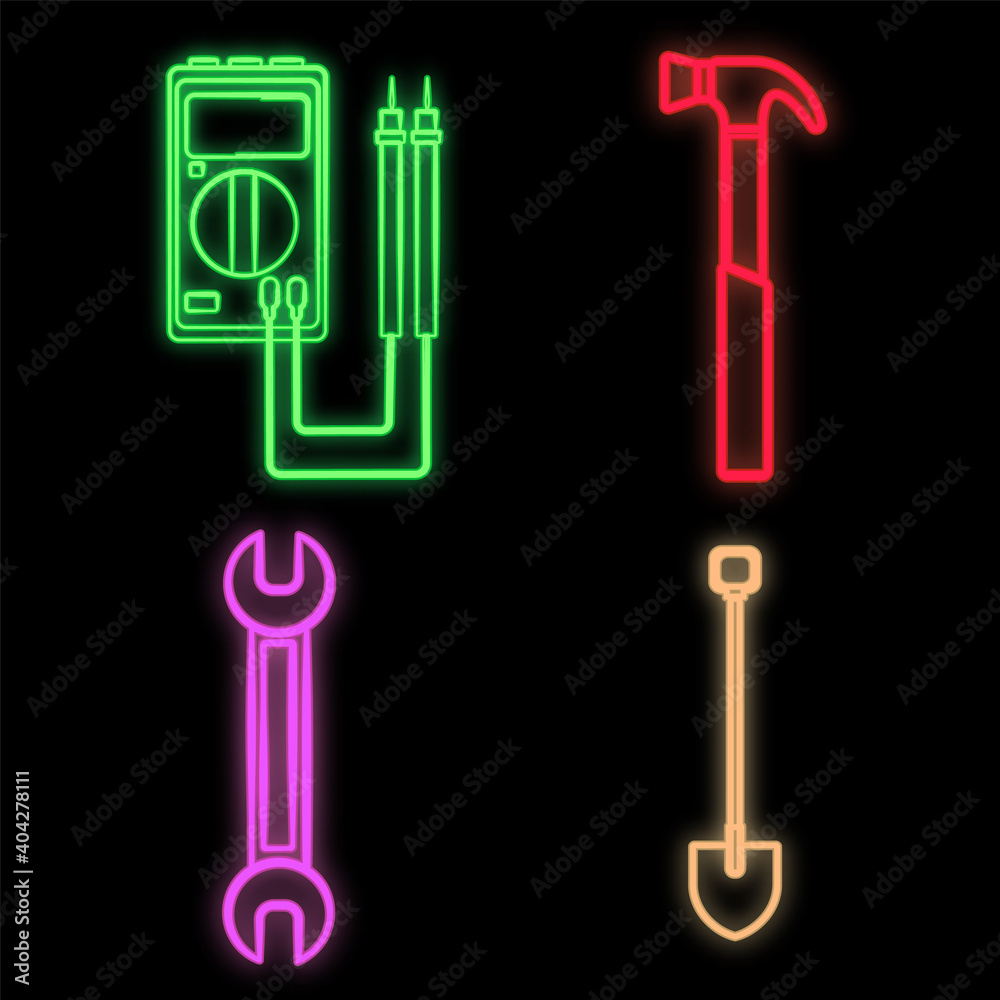 Set of bright glowing multicolored construction industrial neon signs for shop workshop service center beautiful shiny with tester hammer wrench shovel on black background. illustration Set of bright glowing multicolored construction industrial neon signs for shop workshop service center beautiful shiny with tester hammer wrench shovel on black background. illustration