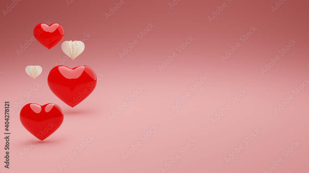 Set of red 3d realistic balloons in heart shape on pink background. Valentine's Day or wedding day romantic themes for party, events, presentation or promotion banner, posters.