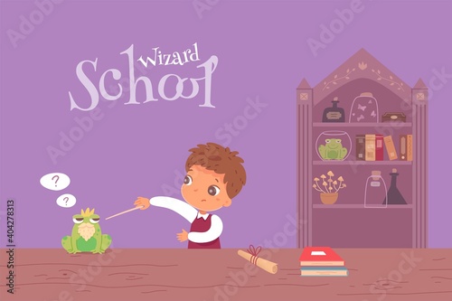 Kid in school of magic at class. Boy with wand casting spell on toad in classroom vector illustration. Harry Potter style fantasy world. Room interior design with bookcase full of books