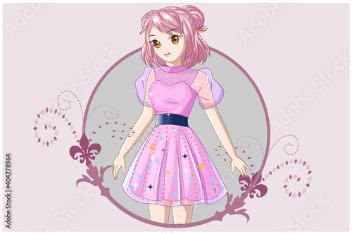 A girl with short pink hair wearing a pink dress