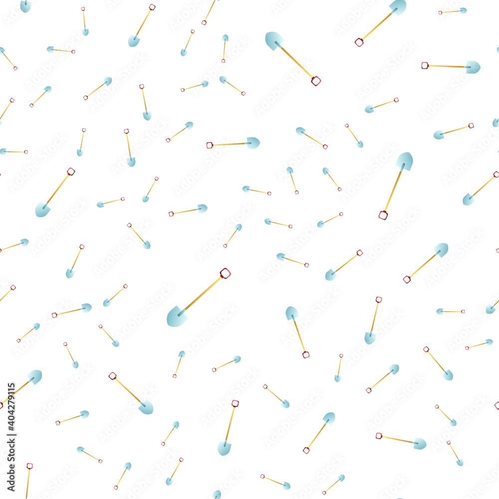 Seamless pattern of black contour hand-drawn garden shovels on a white background. Country equipment. Endless textute of spades