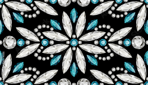 Jewellery seamless pattern with diamonds and precious gemstones, elegant jewelry ornament on black background