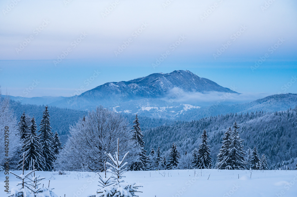 Snow covered winter landscape in the Romanian Carpathians near Brasov in Transylvania, Romania