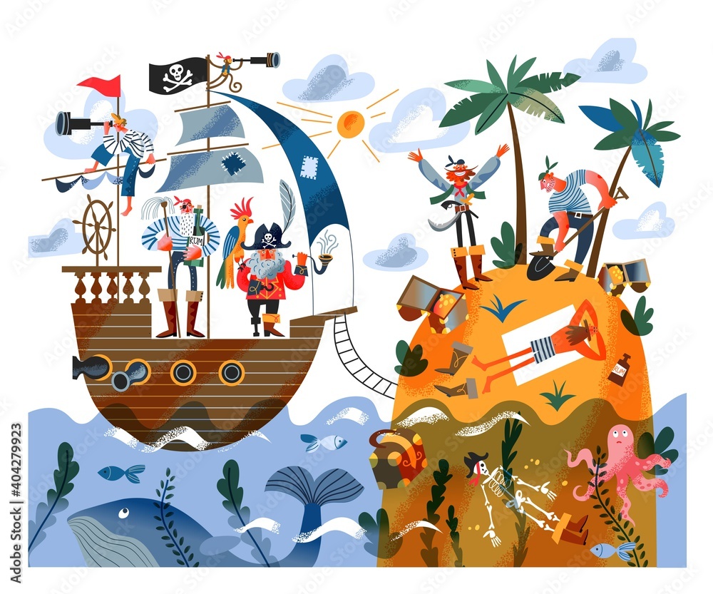 Naklejka premium Pirate ship sailing to island with sailors digging treasure. Captain with parrot and sailors on ship in sea or ocean, pirates digging gold and money. Adventure and marine piracy vector illustration