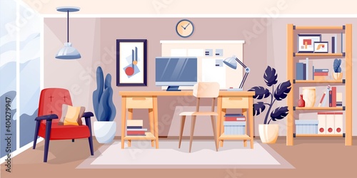 Modern home office interior design background. Room at home for work and rest with chair, table with lamp and computer, armchair, shelves stand. Cosy area for working vector illustration