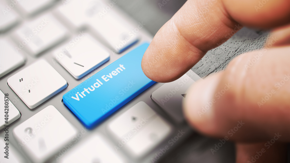 Virtual Event - White Keyboard with a Blue Keyboard Key. 3D. - obrazy, fototapety, plakaty 