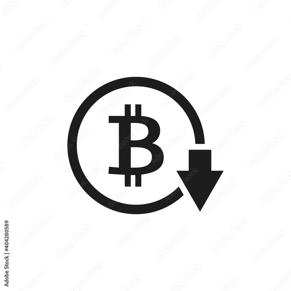 Bitcoin down icon. Cost reduction icon. Vector. Isolated Bitcoin down icon. Cost reduction icon. Vector. Isolated