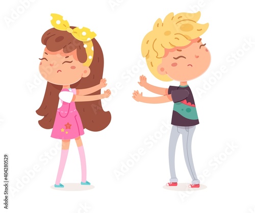 Sad angry girl and boy standing and fighting. Frustrated children with dislike face expressions. Negative emotion and distress vector illustration. Cute little kids in bad mood on white background