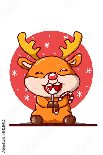 A little deer eating Christmas candy illustration