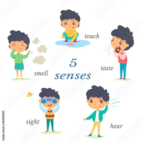 Boy showing five senses set. Sense of sight, touch, hear, smell, taste vector illustration. Small happy child in nature and exploring wonders of spring. Joyful education at childhood