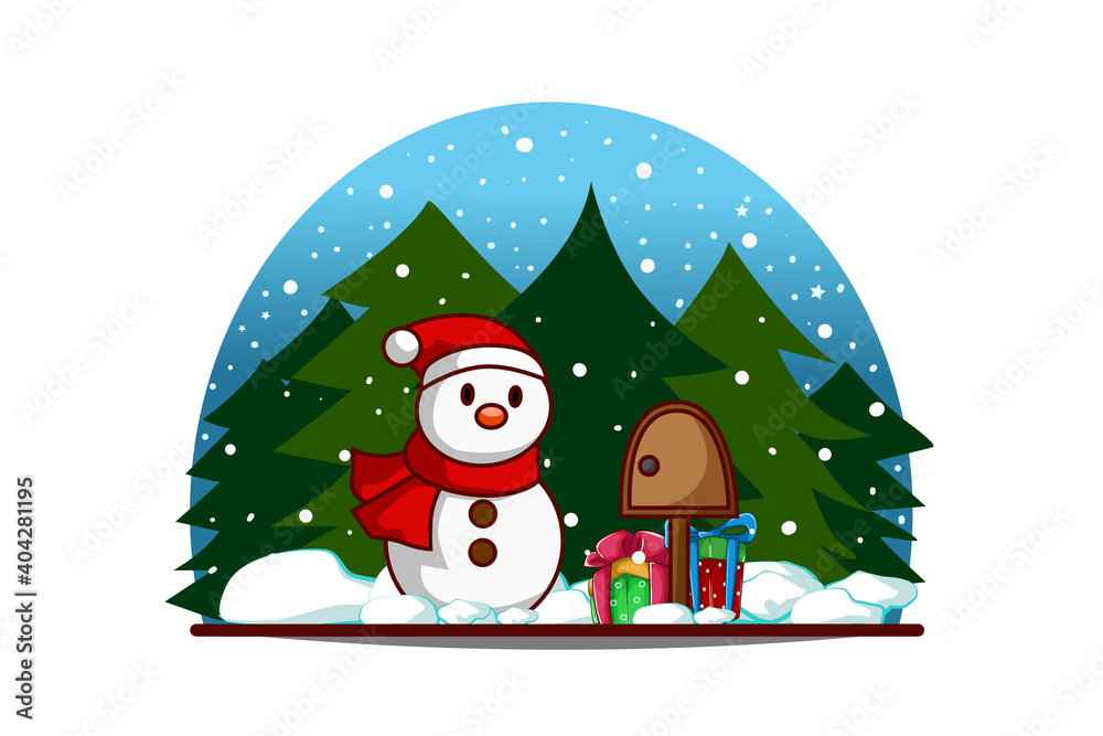 Snowman with package box and gifts on christmas eve Snowman with package box and gifts on christmas eve