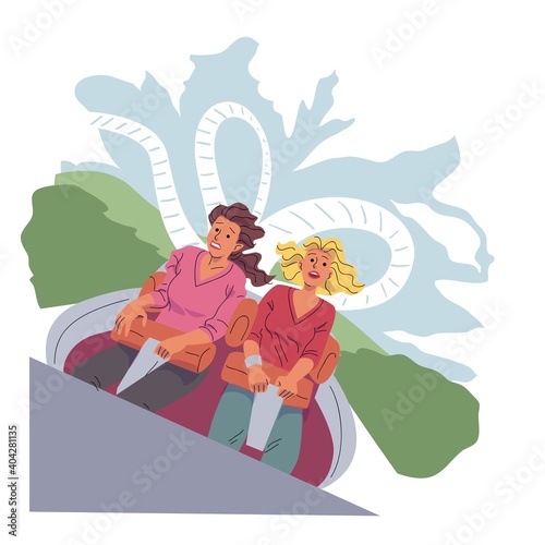 Women on rollercoaster ride at attraction park. Carnival fairground or funfair vector illustration. Girls sitting in cart. Happy people at amusement park on holiday or weekend
