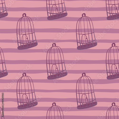 Cartoon seamless pattern with bird cage vintage ornament. Striped pink background. Creative print.