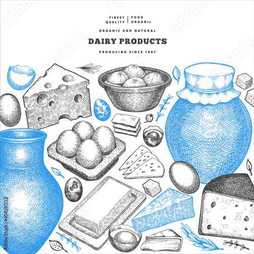 Farm food design template. Hand drawn vector dairy illustration. Engraved style different milk products and eggs banner. Retro food background.