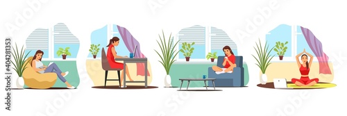Young woman working and resting at home set. Girl sitting and working at computer, doing yoga, leisure at armchair. Weekend activities indoor vector illustration. Remote workplace