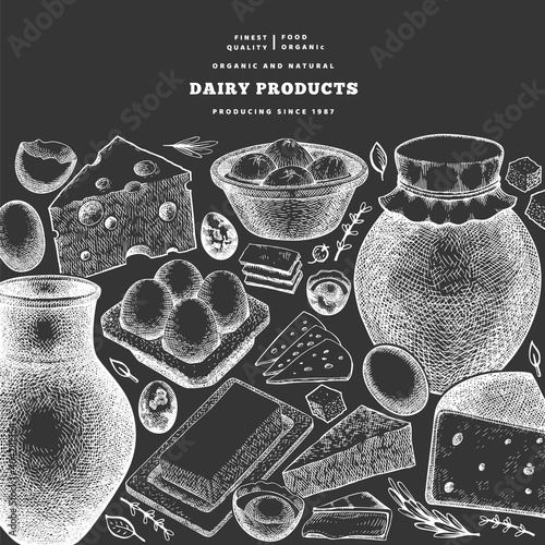 Farm food design template. Hand drawn vector dairy illustration on chalk board. Engraved style different milk products and eggs banner. Retro food background.