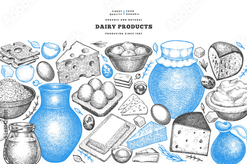 Farm food design template. Hand drawn vector dairy illustration. Engraved style different milk products and eggs banner. Retro food background.