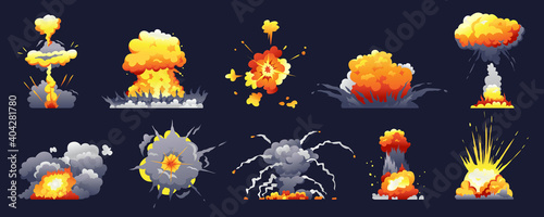 Bomb and fire explosion isolated cartoon set. Vector realistic fiery boom, danger explosive bombs, detonation atomic clouds bursting over black. Dynamite detonator mobile and ui game animation icons