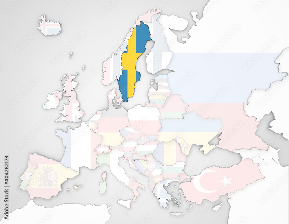 3D Europakarte auf der Schweden hervorgehoben wird und die restlichen Flaggen transparent sind
