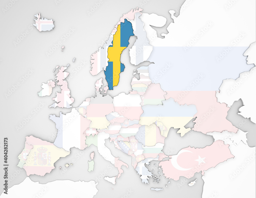Fototapeta premium 3D Europakarte auf der Schweden hervorgehoben wird und die restlichen Flaggen transparent sind
