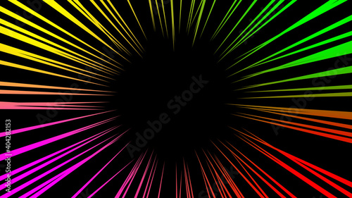 Colorful of radial shining speed line. Abstract fast motion in black background.