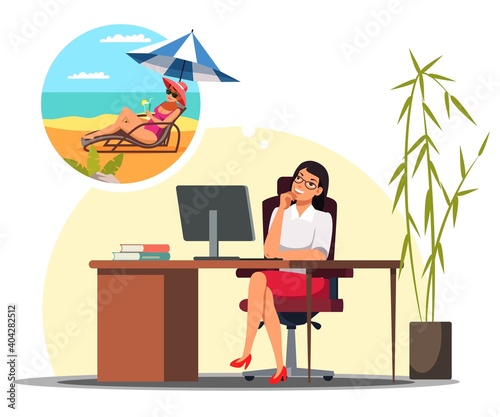 Woman sitting at desk in office, dreaming of rest