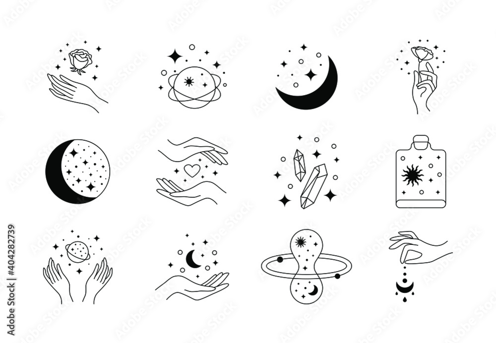 Plakat Set of boho doodle magic icons. Mystic simple hand drawn logos crystal sun lotus rose stars moon. Abstract line vector illustration