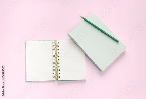 flat lay green color book and stationery on pink pastel floor