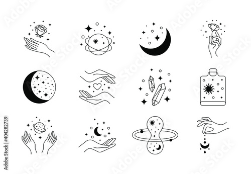 Fototapeta Naklejka Na Ścianę i Meble -  Set of boho doodle magic icons. Mystic simple hand drawn logos crystal sun lotus rose stars moon. Abstract line vector illustration